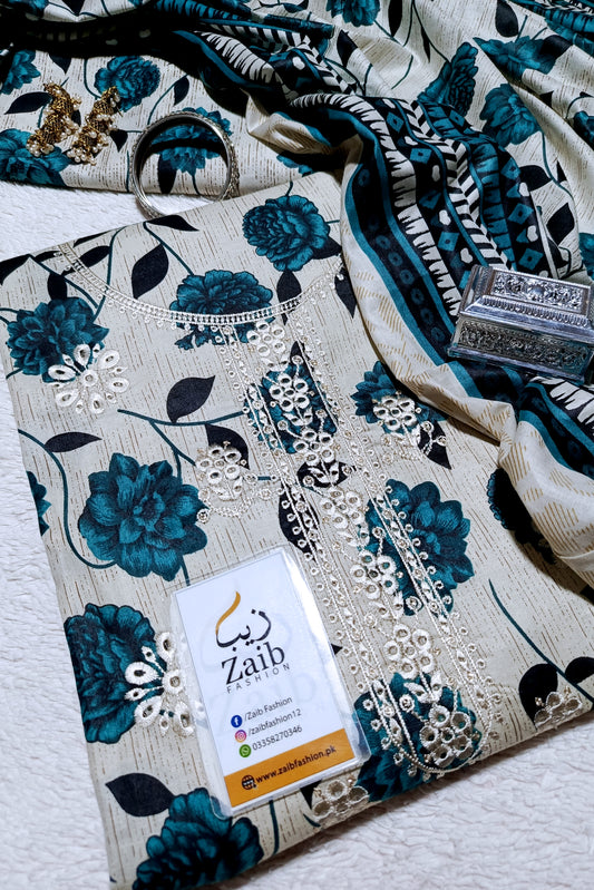 Lulusar Embroidered & Digital Print Lawn 3 Piece Dress – 0008