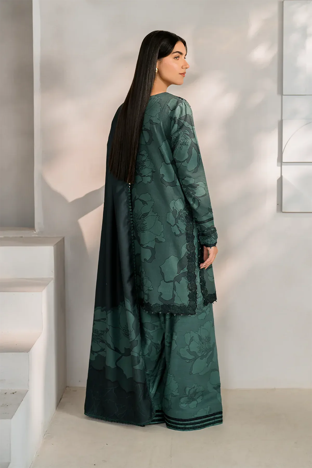 Iznik Embroidered Digital Printed 3 Piece Dress - 0027