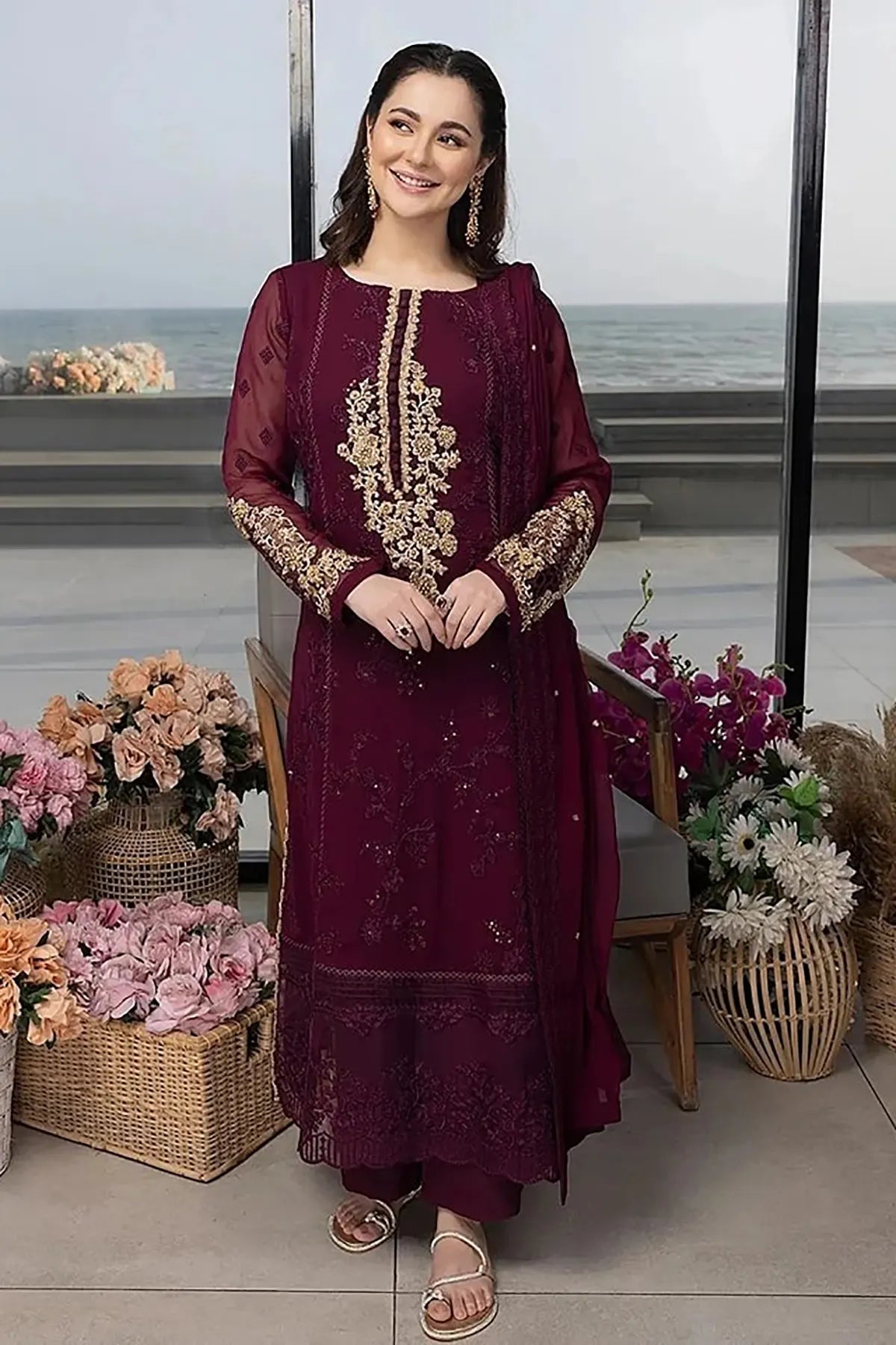 CARNELIAN By Azure Embroidered Chiffon 3 Piece Dress - 0055