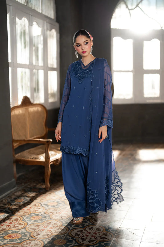 COBALT HAZE By Azure Embroidered Chiffon 3 Piece Dress - 0036