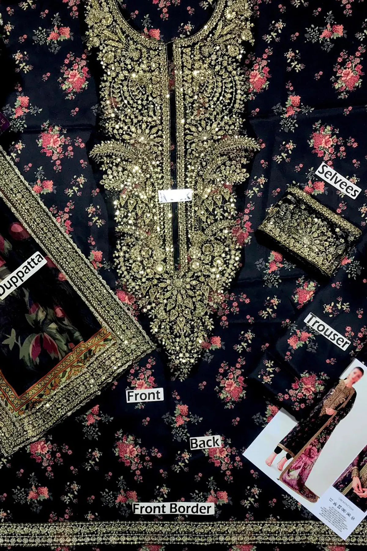 Jazmin Embroidered Print Shamoz Silk 3 Piece Dress - 0047