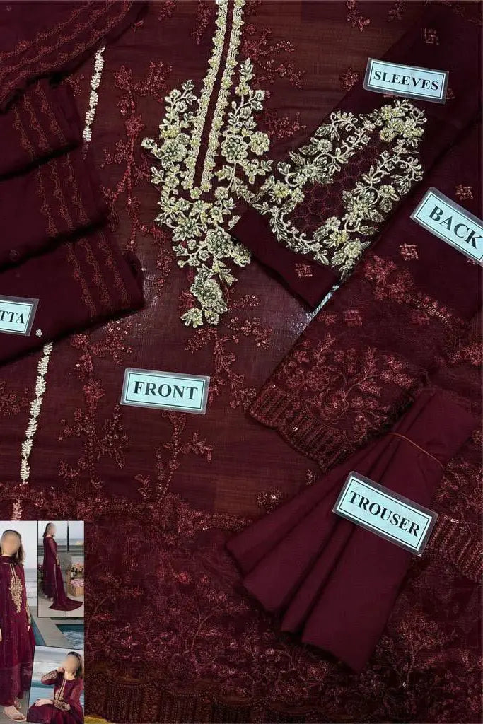 CARNELIAN By Azure Embroidered Chiffon 3 Piece Dress - 0055