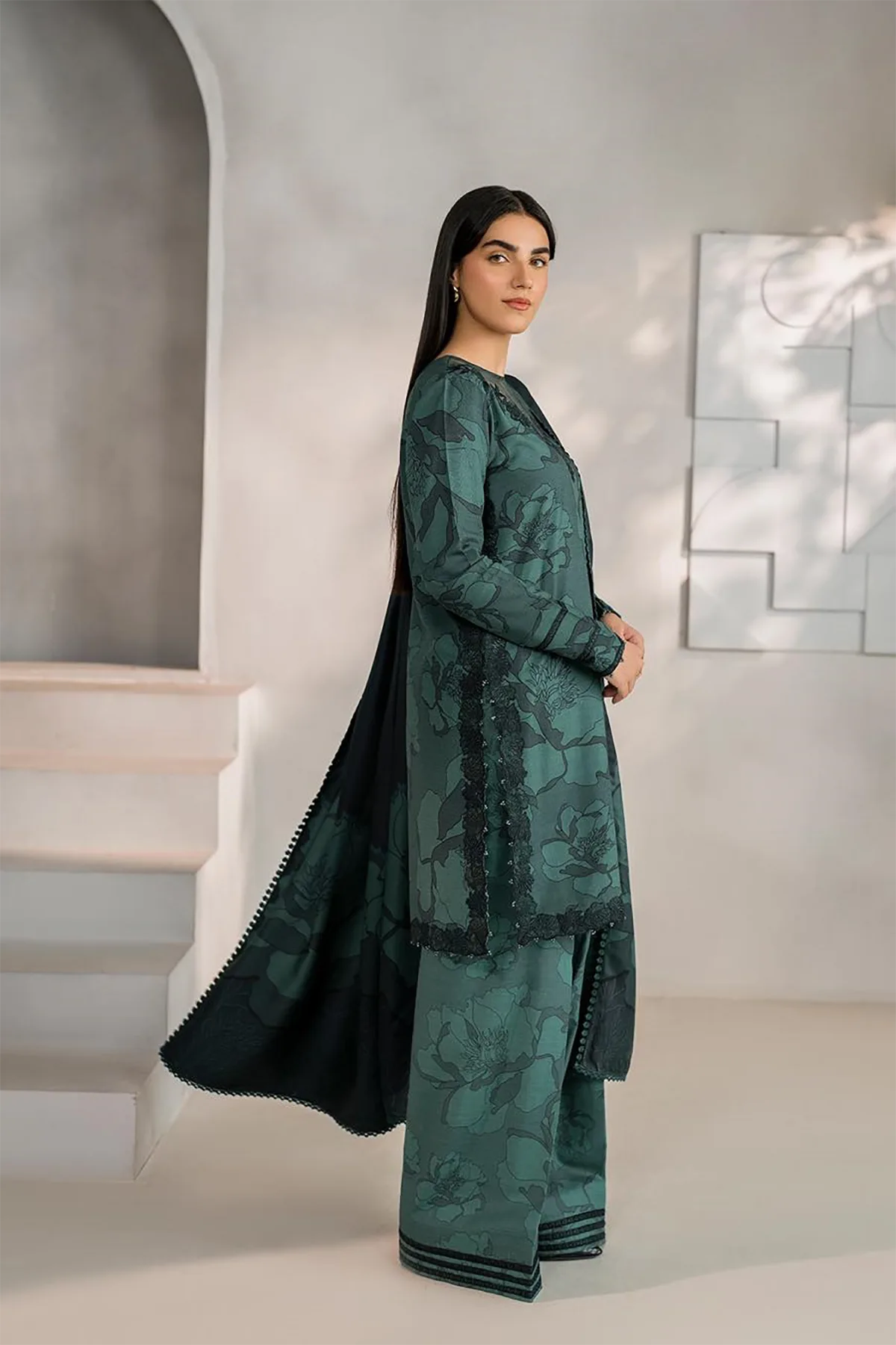 Iznik Embroidered Digital Printed 3 Piece Dress - 0027