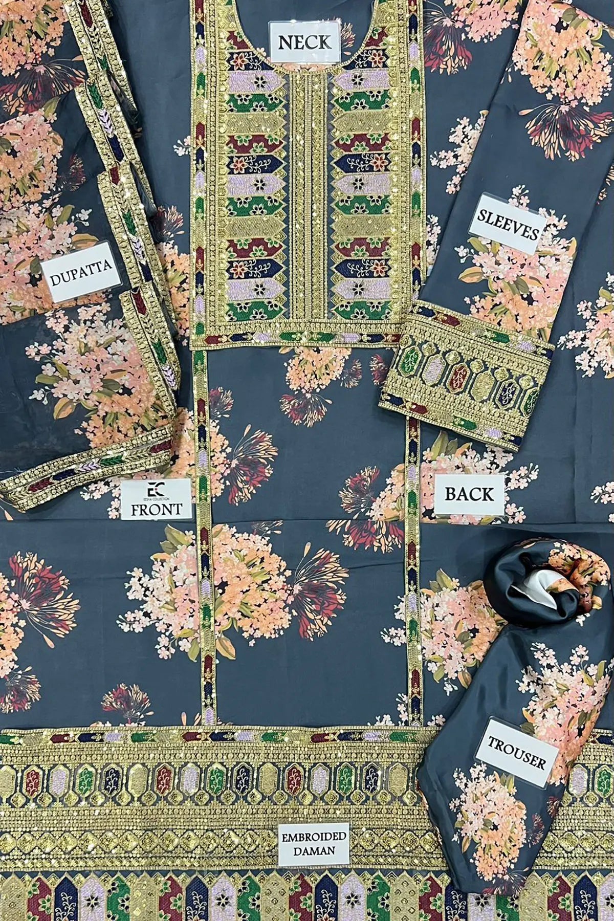 Sabya Sachi Embroidered & Digital printed Shamoz Silk 3 Piece Dress - 0045