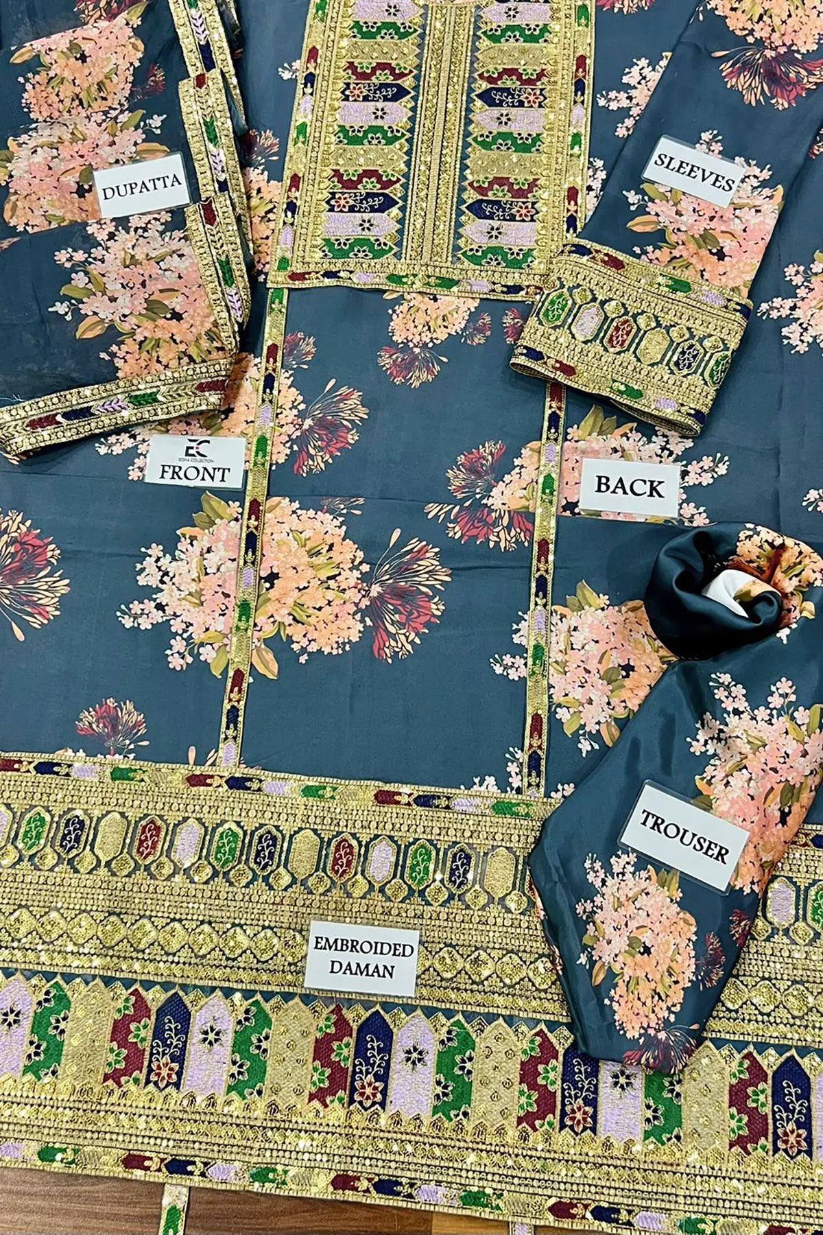 Sabya Sachi Embroidered & Digital printed Shamoz Silk 3 Piece Dress - 0045